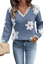 Smoke Gray Jacquard Floral Scallop V-neck Sweater Sweaters 9a03d64ca2bef7f2