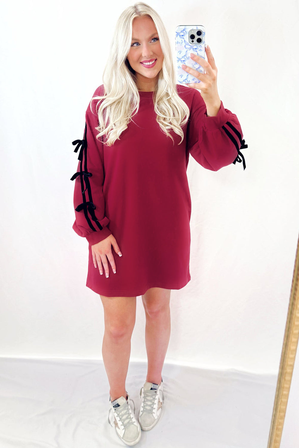 Racing Red Contrast Striped Bow Detail Drop Shoulder Sweatshirt Dress with Pockets Mini Dresses 9a154e1d6c8ccbdc