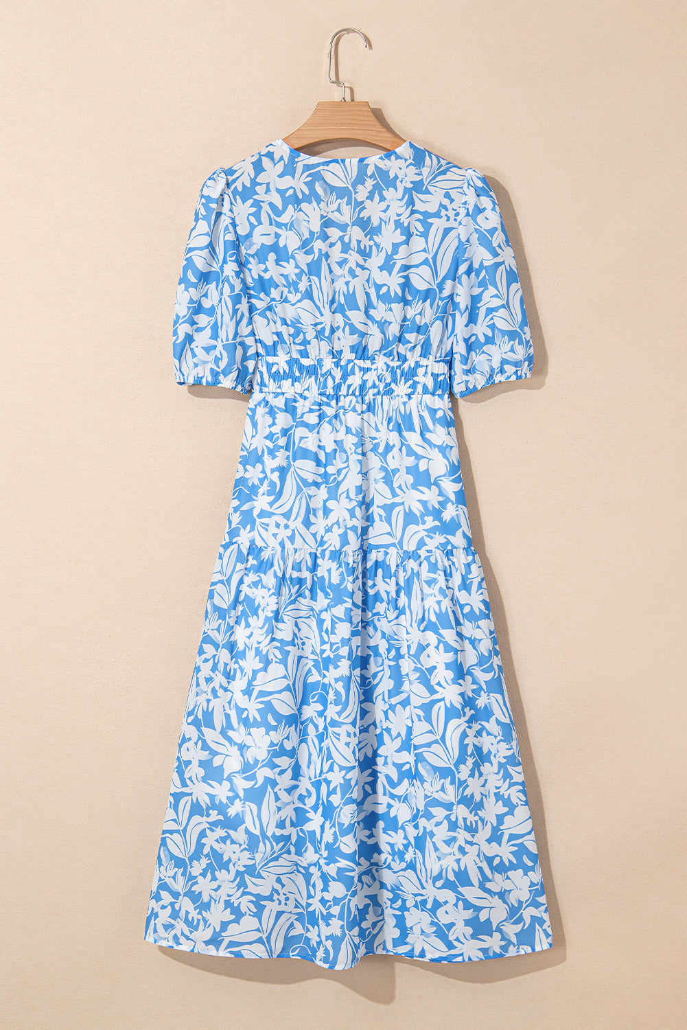 Sky Blue Floral Print Deep V Neck Puff Sleeve Flowy Dress Maxi Dresses 9a18e79cf5f459eb