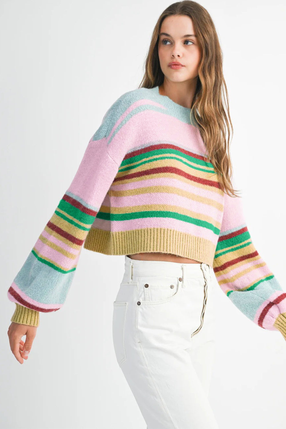 Multicolour Striped Knit Ribbed Trim Boxy Fit Cropped Sweater Sweaters 9a4e87e4fdfd5497