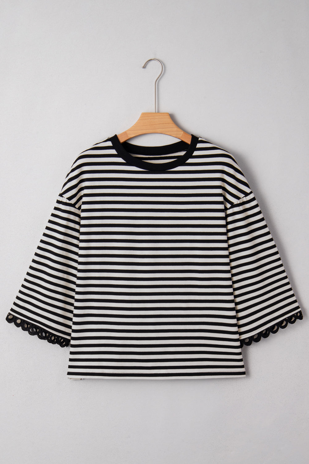 Sachet Pink Striped Round Neck Contrast Trim Bell Sleeve Top Long Sleeve Tops 9a5da74046977ec2