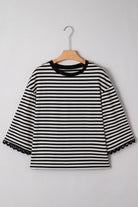 Sachet Pink Striped Round Neck Contrast Trim Bell Sleeve Top Long Sleeve Tops 9a5da74046977ec2