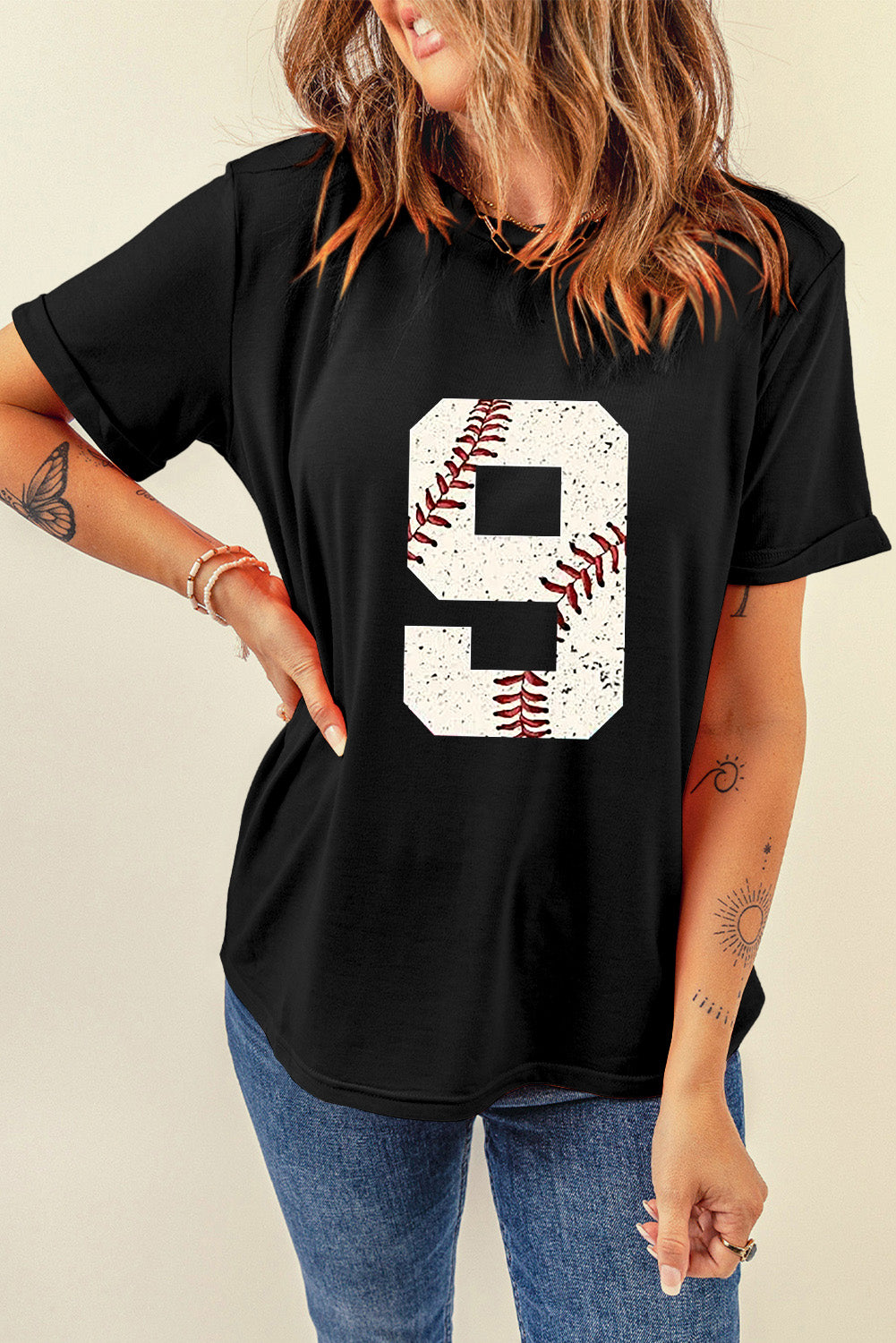 Black Game Day Number 9 Baseball Pattern Heat Transfer Printing Oversize Tee Graphic Tees 9a63b2132eda80ed