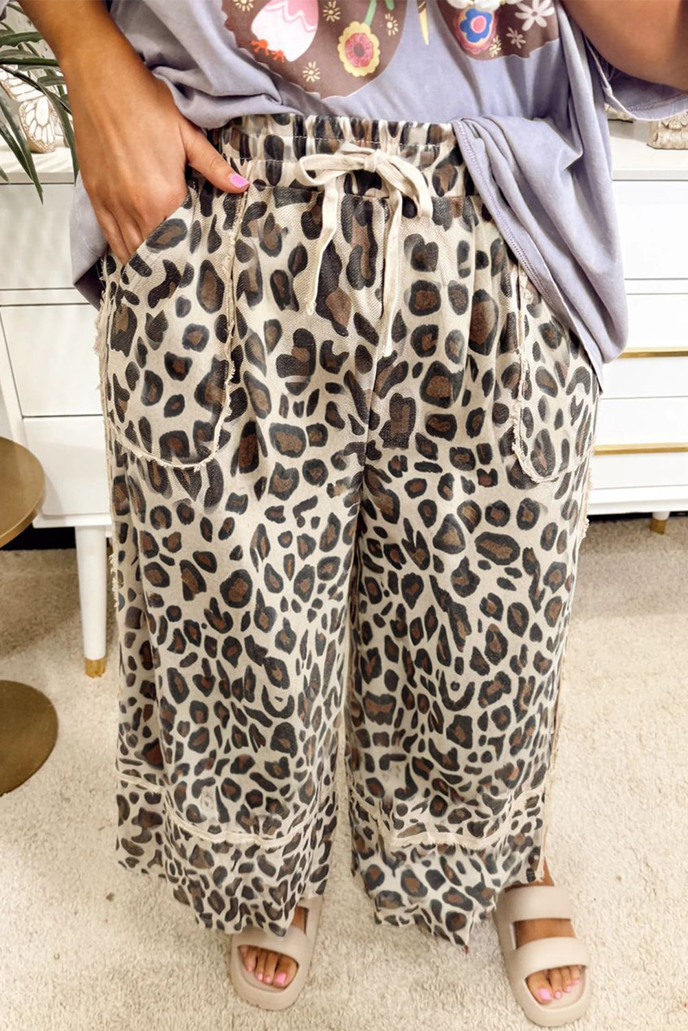 Khaki Exposed Seam Patched Pocket Plus Size Leopard Wide Leg Pants Plus Size Bottoms 9a9ff9495a69a046
