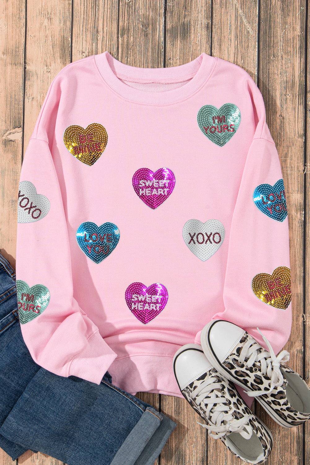 Pink Sequin Romantic Sweet Heart Graphic Valentines Sweatshirt Graphic Tees 9ac6111d9d05a3aa