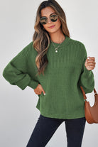 Vineyard Green Solid Color Mixed Textured Knitted Crew Neck Sweater Sweaters 9ad524ee0995eccc