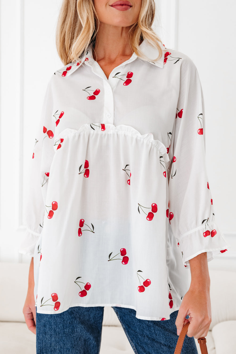 White Cherry Print Flounce Sleeve Collared Frilled Babydoll Blouse Blouses 9b66e2917dd01ce0
