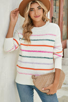 Black Colorful Striped Ribbed Trim Round Neck Sweater Sweaters 9b8103a982493256
