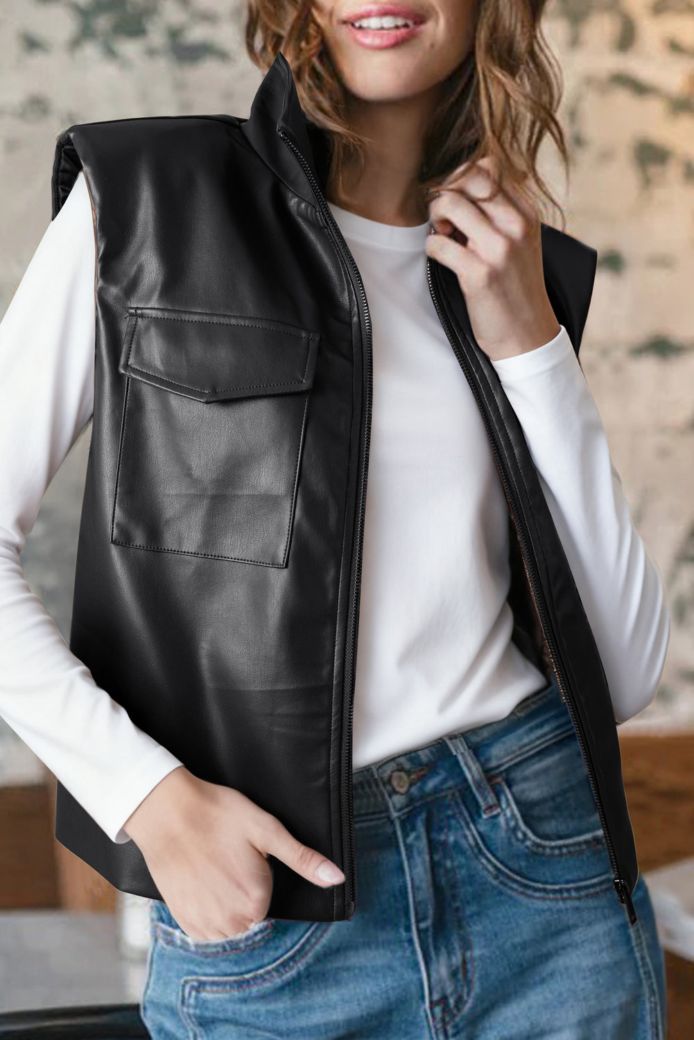 Black Double Flap Pocket Faux Leather Zip Up Stand Neck Vest Jackets 9b9132649741edd8