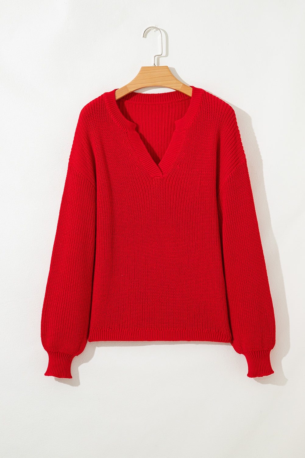 Racing Red Solid Textured Knit V Neck Drop Shoulder Sweater Sweaters 9bae4c1412868f62