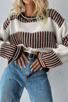 Brown Two Tone Striped Patchwork Drop Shoulder Sweater Sweaters 9bb454ba07fb2b55