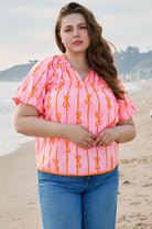 Rose Bowknot Print Shirred V Neck Puff Sleeve Plus Size Blouse Plus Size Tops 9bbd0dd74dcd93df