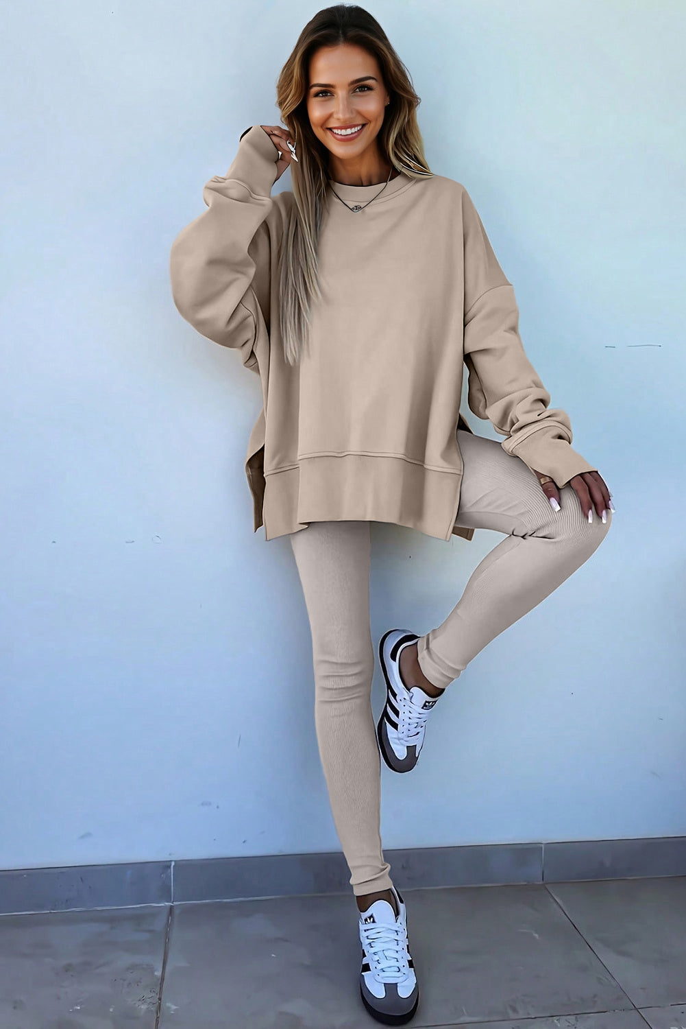 Green Bay Solid Color Oversize Slit Sweatshirt Ribbed Leggings Set Two Piece Pants Sets 9bdbbb52f42e66cd