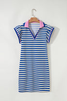 Dark Blue Striped Ruffle Short Sleeve Pop of Color Neckline Dress Short Dresses 9bf3f03ec5434cde