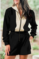 Black Two-Tone Zipper Long Sleeve Casual Romper Rompers 9bf5f420fa5ae70d