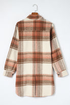Brown Plaid Casual Button Up Long Shacket with Flap Pockets Jackets 9bfc97a4f872ef89