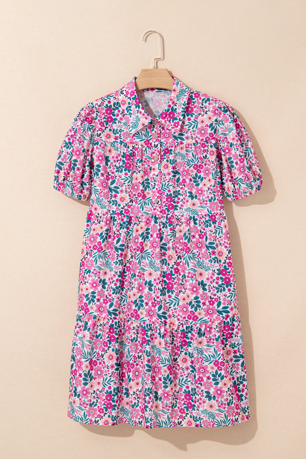 Pink Allover Floral Print Collar Half Button Short Sleeve Loose Dress Short Dresses 9c0747dfa38dc060