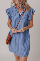 Sky Blue Stripe Frilly Split Neck Shirred Ruffle Sleeve Mini Shift Dress Short Dresses 9c0c6d7f397d1cd8