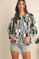 Green Geometric Print Button Balloon Sleeve Loose Fit Shirt Blouses 9c0fb1e4220f6ca0