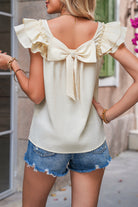 Beige Textured Bow Frilled Ruffle Sleeve Blouse Blouses 9c3598c3e5a2972f