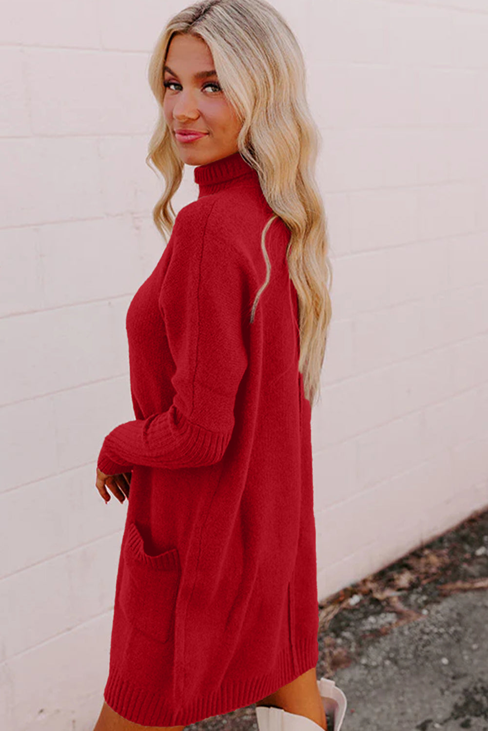 Fiery Red Ribbed High Neck Front Pockets Center Seam Sweater Dress Sweater Dresses 9c42c4ed1c838314