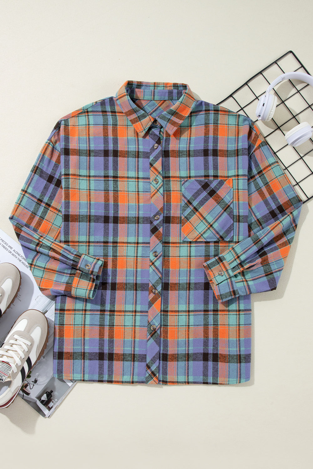 Orange Plaid Print Pocket Loose Shirt Shacket Long Sleeve Tops 9c61a2c0cfdca714