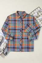 Orange Plaid Print Pocket Loose Shirt Shacket Long Sleeve Tops 9c61a2c0cfdca714