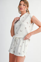 Beige Bow Print Half Zip Tank Top and Shorts Set Two Piece Shorts Sets 9c696ecb679c3336