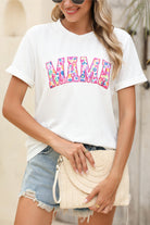 White MAMA Leopard Embroidered Crew Neck Graphic Tee Graphic Tees 9c6a17bc41274f70