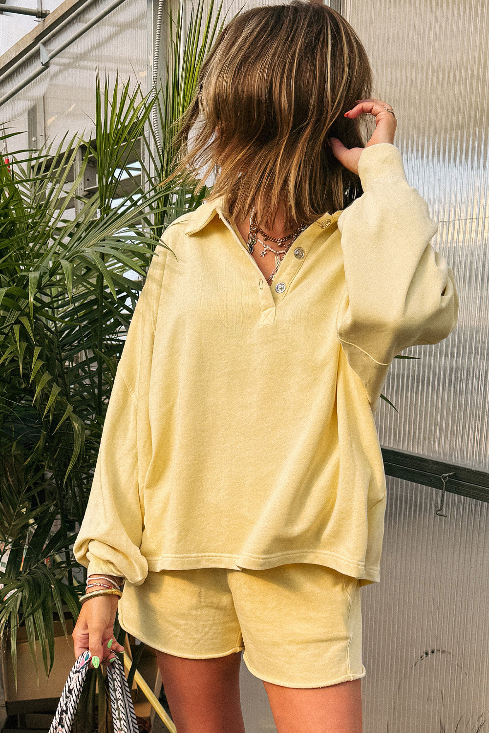 Yellow Cream Button Collar Drop Shoulder Pullover and Shorts Set Two Piece Shorts Sets 9cb56deadf057732