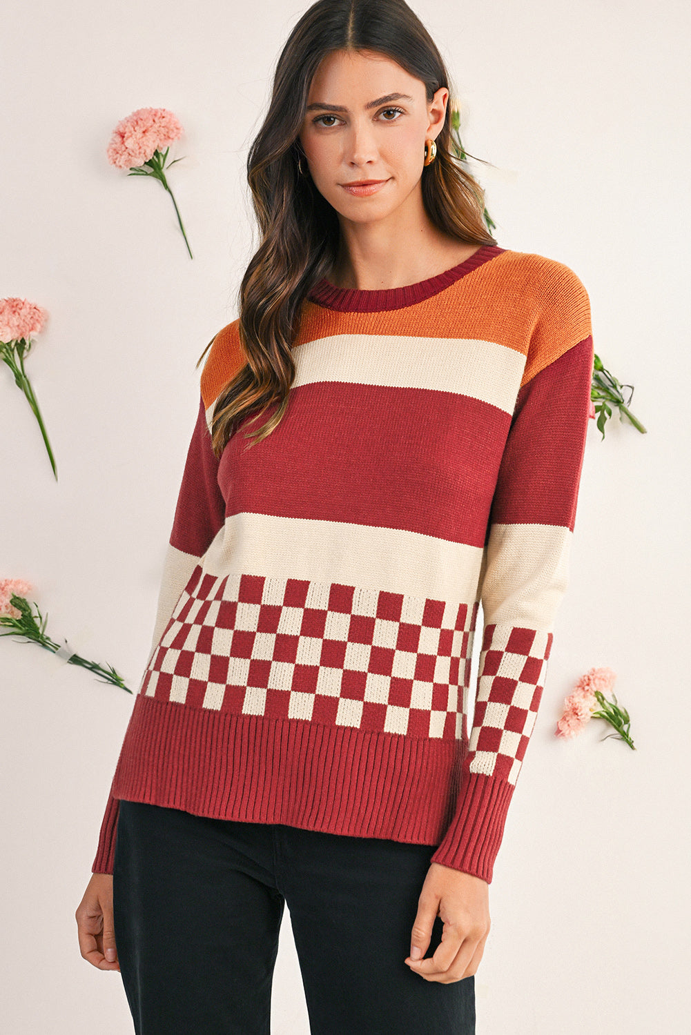Brown Checkered Colorblock Knitted Drop Shoulder Sweater Sweaters 9cc4debf7d4c8f33