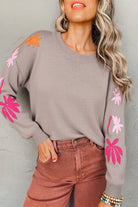 Simply Taupe Embroidered Floral Sleeve Round Neck Loose Sweater Sweaters 9cced5d26abeaa51