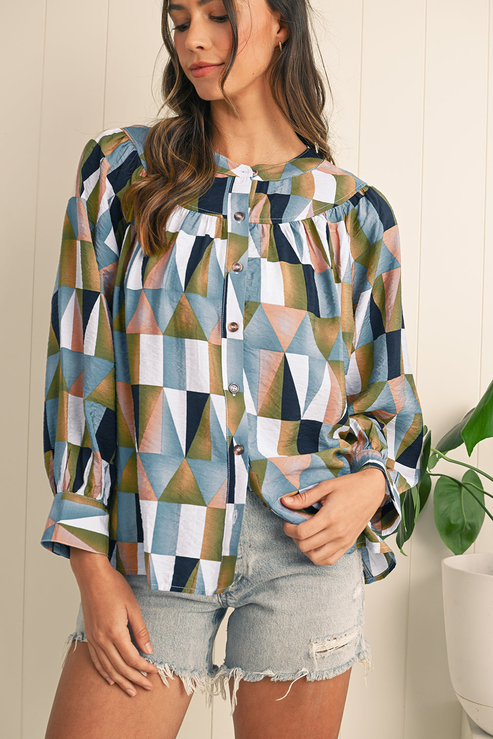 Green Geometric Print Button Balloon Sleeve Loose Fit Shirt Blouses 9d19f0016432cc7e