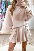 Jet Stream Corded Lantern Sleeve Pullover and Ruffle Mini Skirt Set Two Piece Skirt Sets 9d37249a84ab12c5