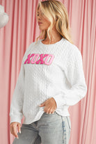 White XOXO Chenille Letter Patch Quilted Sweatshirt Sweatshirts & Hoodies 9d582002f2428498