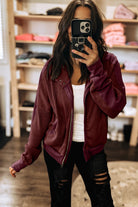 Burgundy Waffle Splicing Zip Up Front Button Hooded Jacket Jackets 9d586aa02157537d