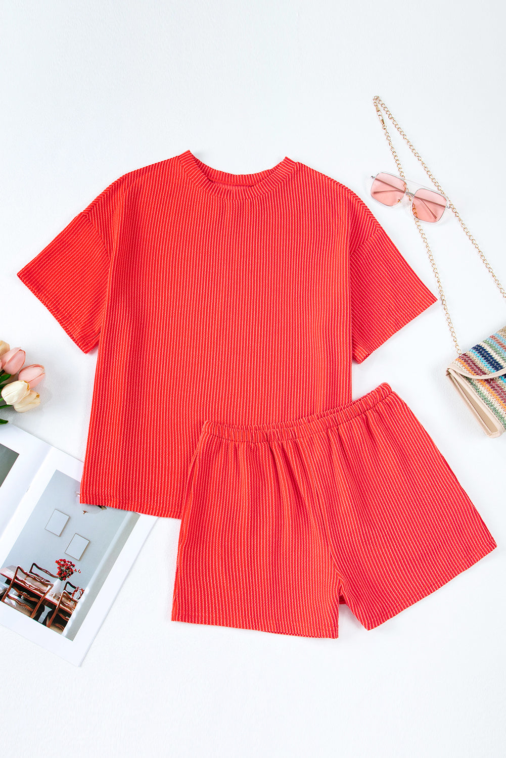 Orange Ribbed Textured Loose Fit Tee & Shorts Set Two Piece Shorts Sets 9d6951ebddb5071d