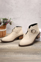 White Faux Leather Studded Pointed Toe Block Heel Ankle Boots Boots 9d6abf8833067435