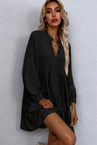 Black Tie Split Neck Smocked Detail Puff Sleeve Ruffle Hem Loose Dress Short Dresses 9d6c2abc737c8648
