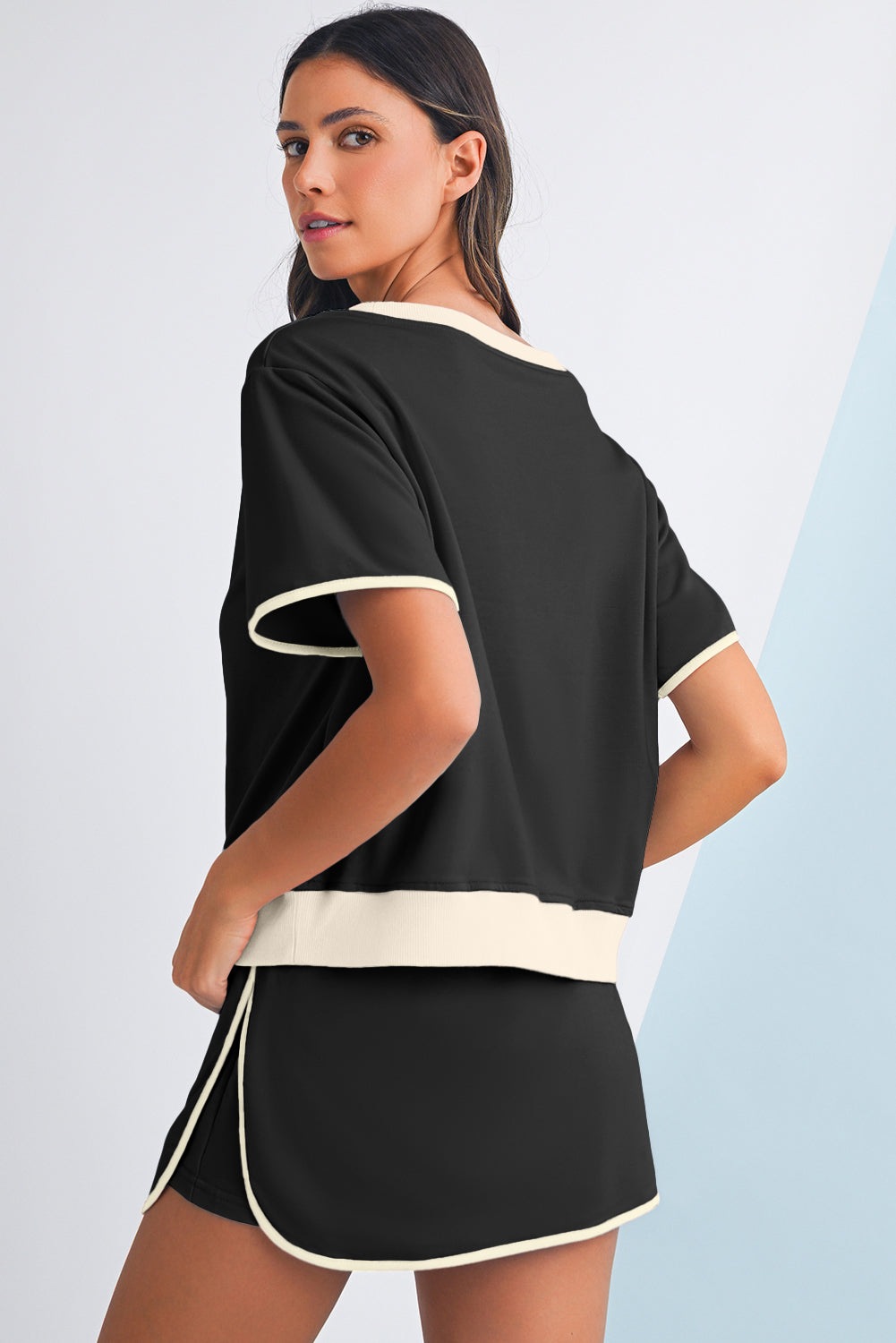 Evergreen Colorblock Edge Drop Shoulder T Shirt and Skort Set Two Piece Shorts Sets 9d6e0673e26d107f