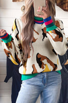 Apricot Contrast Ribbed Stripes Animal Pattern Knit Sweater Sweaters 9d8b628042d0a294