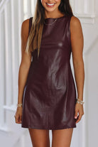 Coffee Faux Leather Sleeveless Round Neck Mini Dress Short Dresses 9d9b0e5f8fa92549
