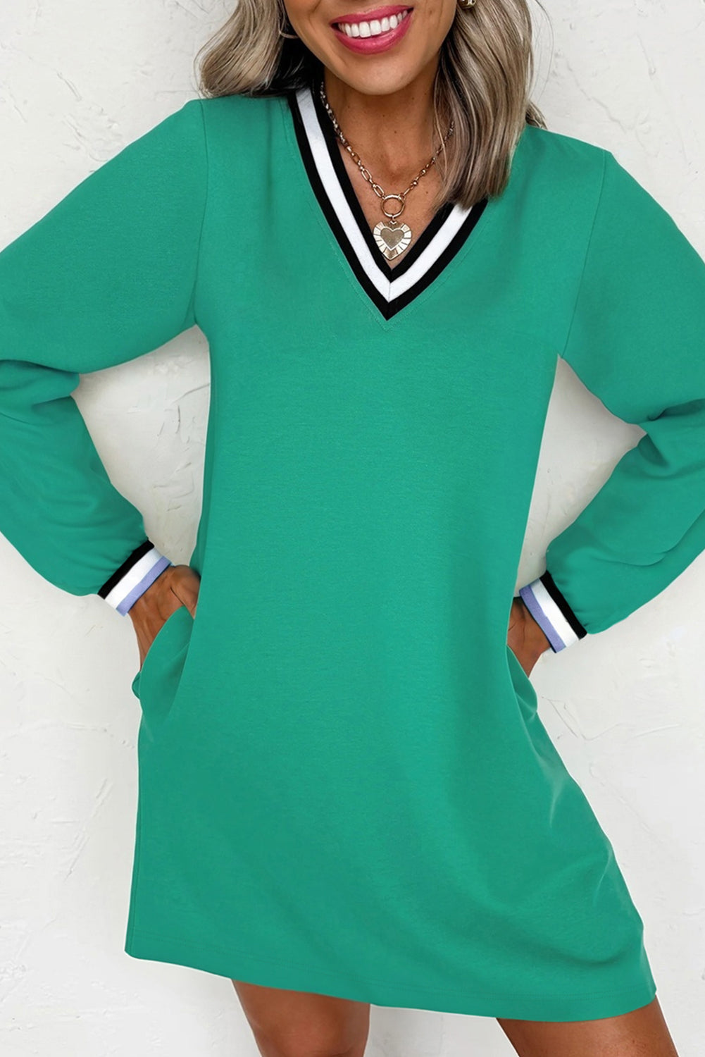 Mint Green Preppy Contrast Striped V Neck Long Sleeve T-shirt Dress Short Dresses 9daa9ceb815b36cc