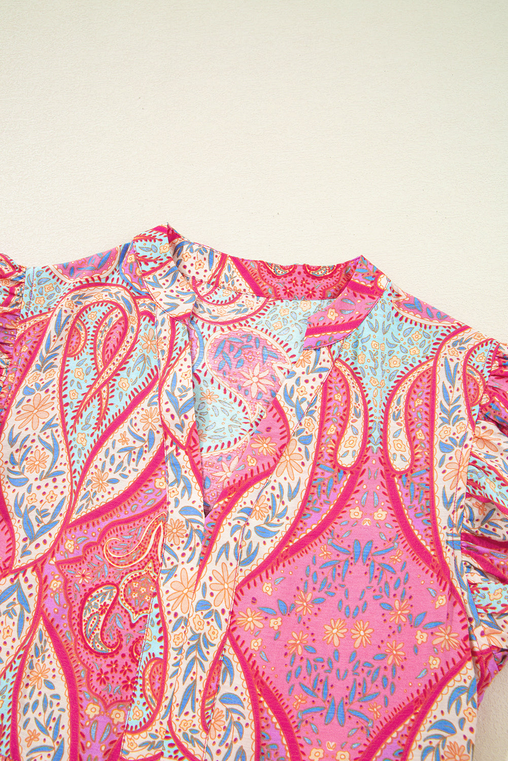 Rose Ethnic Paisley Print Ruffle Sleeve Notch Neck Midi Dress Midi Dresses 9db4a4875c89f3a0