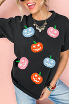 Black Chenille Pumpkin Patch Application Playful Halloween T Shirt Graphic Tees 9dbcf3ec1e3f0799