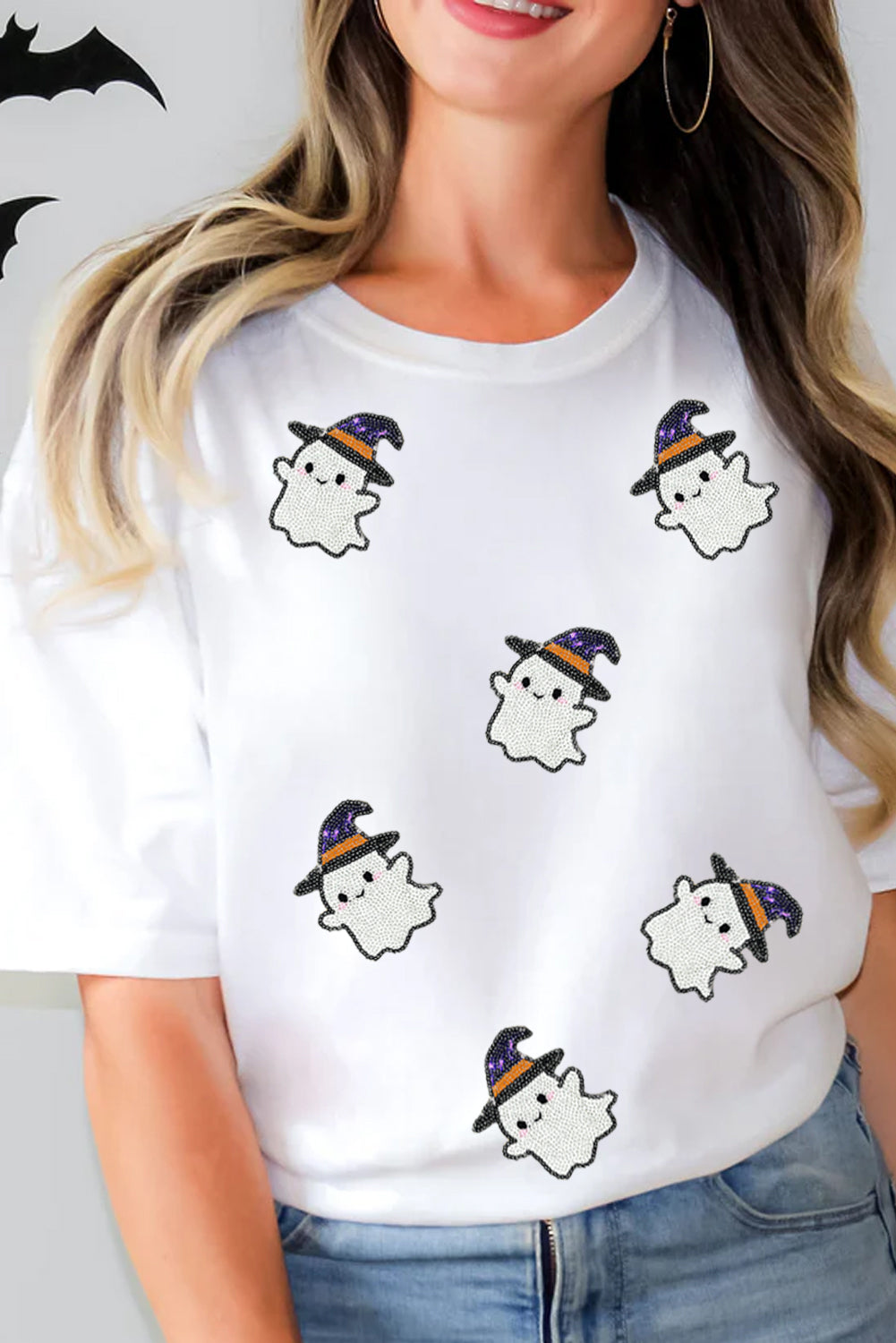 White Halloween Ghost Witch Sequins Patch Casual T Shirt Graphic Tees 9dd43920dfbc9802