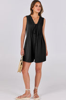 Black Tie V Neck Pleated Sleeveless Loose Romper Rompers 9dff9d286fa50b1c