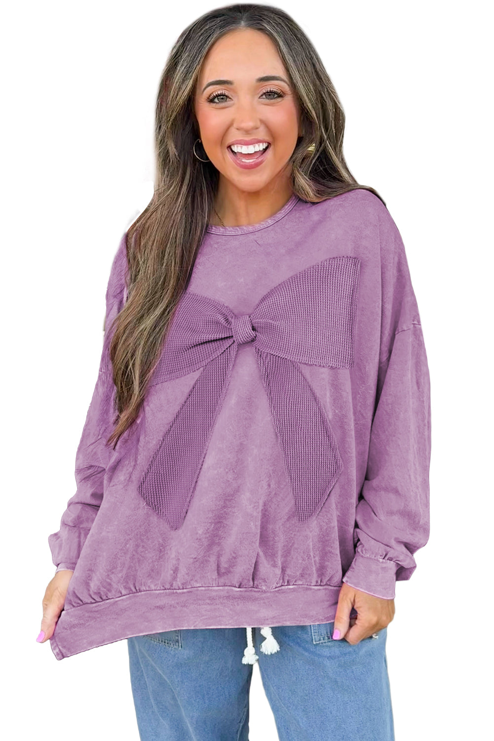 Orchid Bouquet Mineral Wash Waffle Bow Patched Pullover Sweatshirt Sweatshirts & Hoodies 9e5ca4f9c7a20986