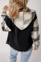Black Patchwork Plaid Sleeve Frayed Hem Hooded Denim Jacket Jackets 9e5d05a4cc3b4baf