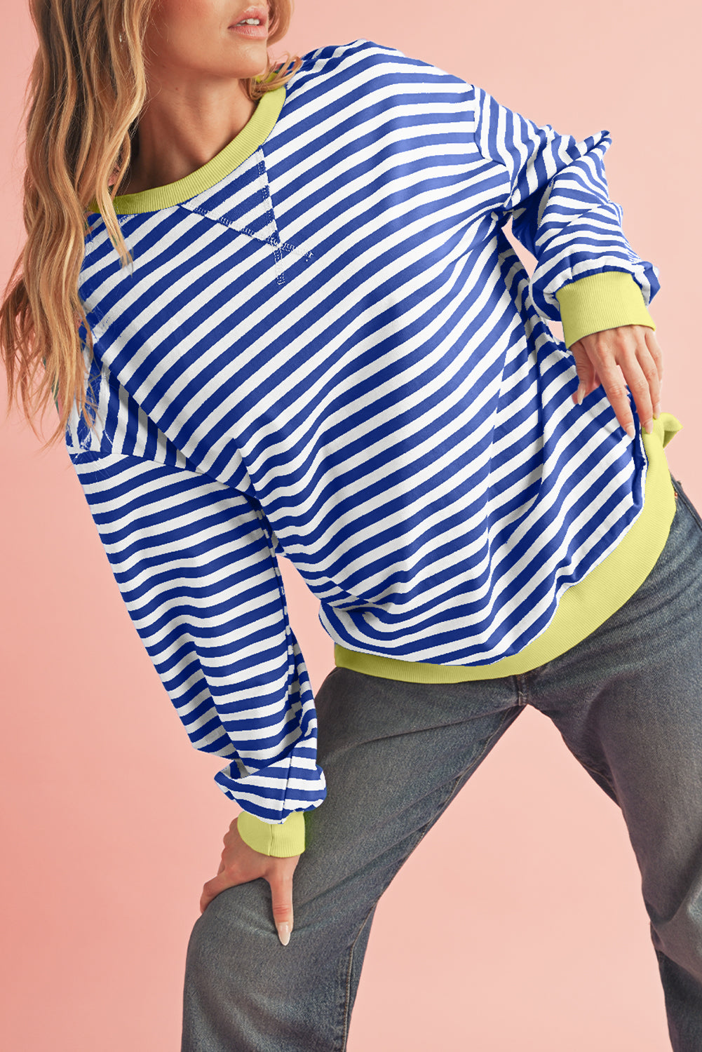Blue Stripe Contrast Edge Cross Seam Oversized Pullover Sweatshirts & Hoodies 9e64191b8f0e6c7e